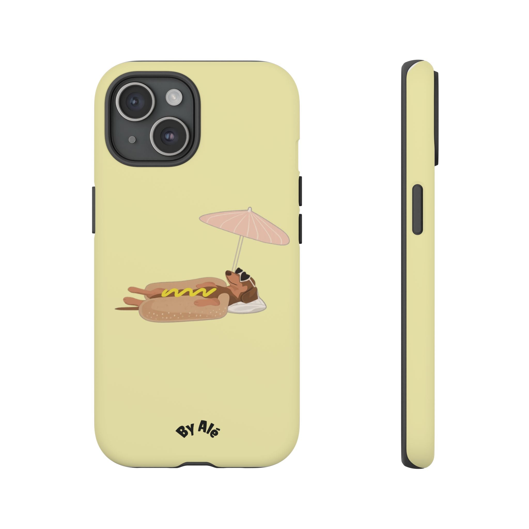 Cute Hot Dog Dog Relaxing on Beach Umbrella (Butter Yellow) - Phone Case