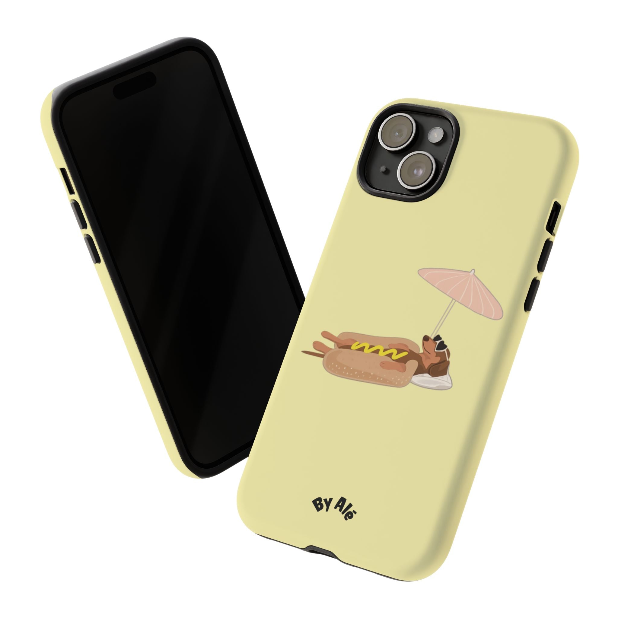 Cute Hot Dog Dog Relaxing on Beach Umbrella (Butter Yellow) - Phone Case