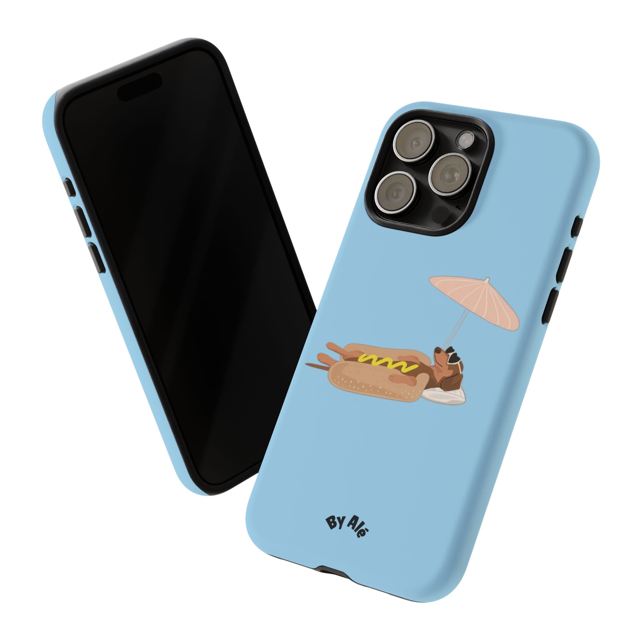 Cute Hot Dog Dog Relaxing on Beach Umbrella (Pastel Blue) - Phone Case