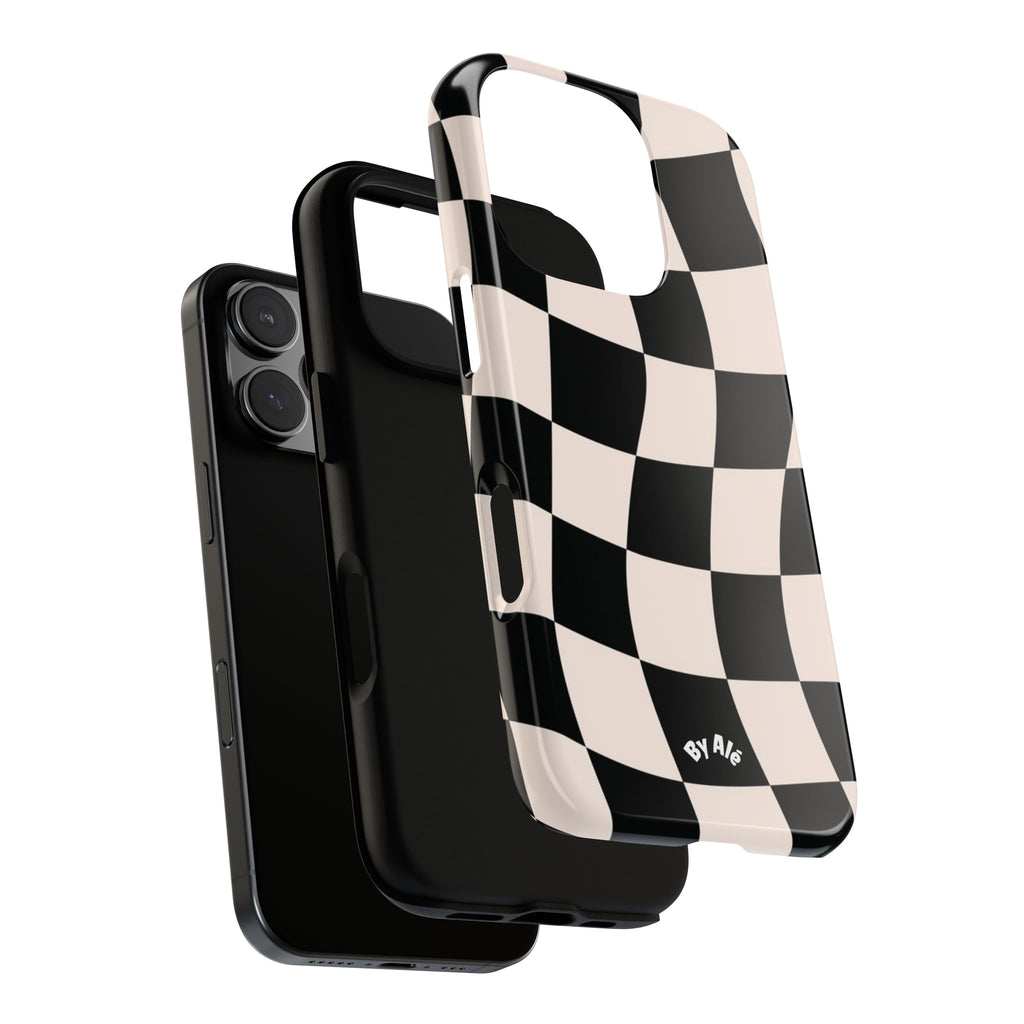 Wavy Checkered Phone Case – Black & Cream Retro Race Pattern