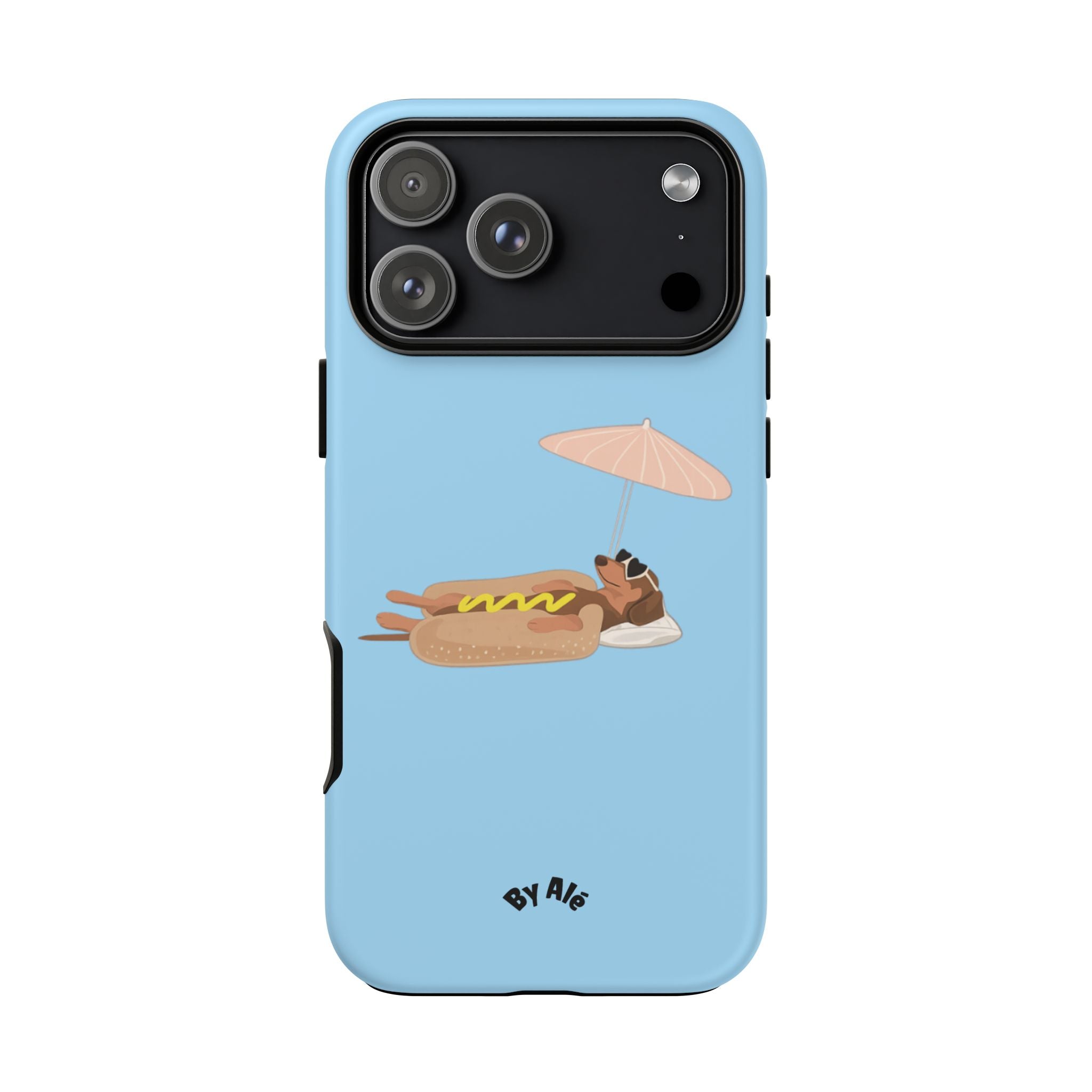 Cute Hot Dog Dog Relaxing on Beach Umbrella (Pastel Blue) - Phone Case