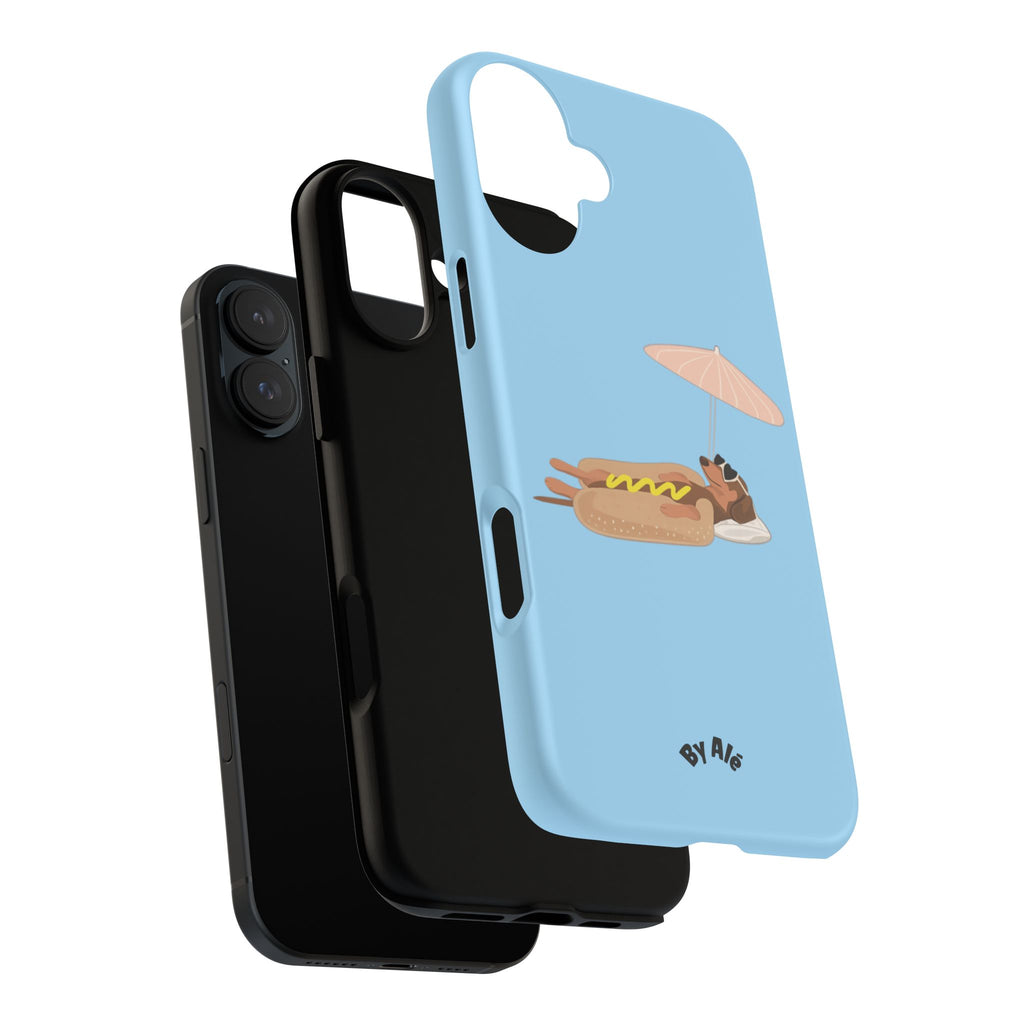 Cute Hot Dog Dog Relaxing on Beach Umbrella (Pastel Blue) - Phone Case