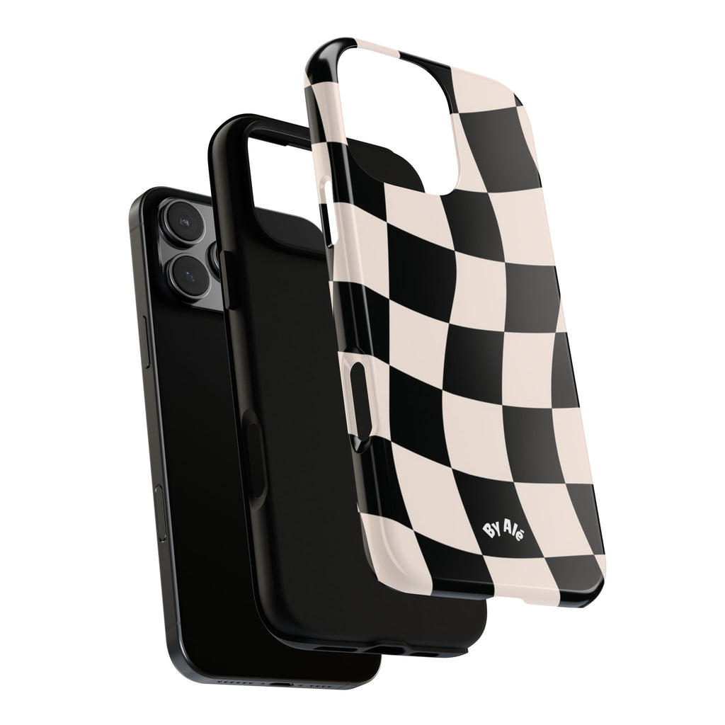 Wavy Checkered Phone Case – Black & Cream Retro Race Pattern