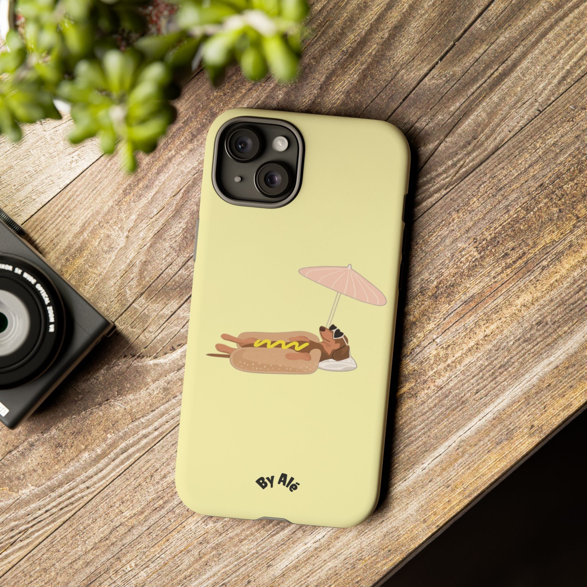 Cute Hot Dog Dog Relaxing on Beach Umbrella (Butter Yellow) - Phone Case