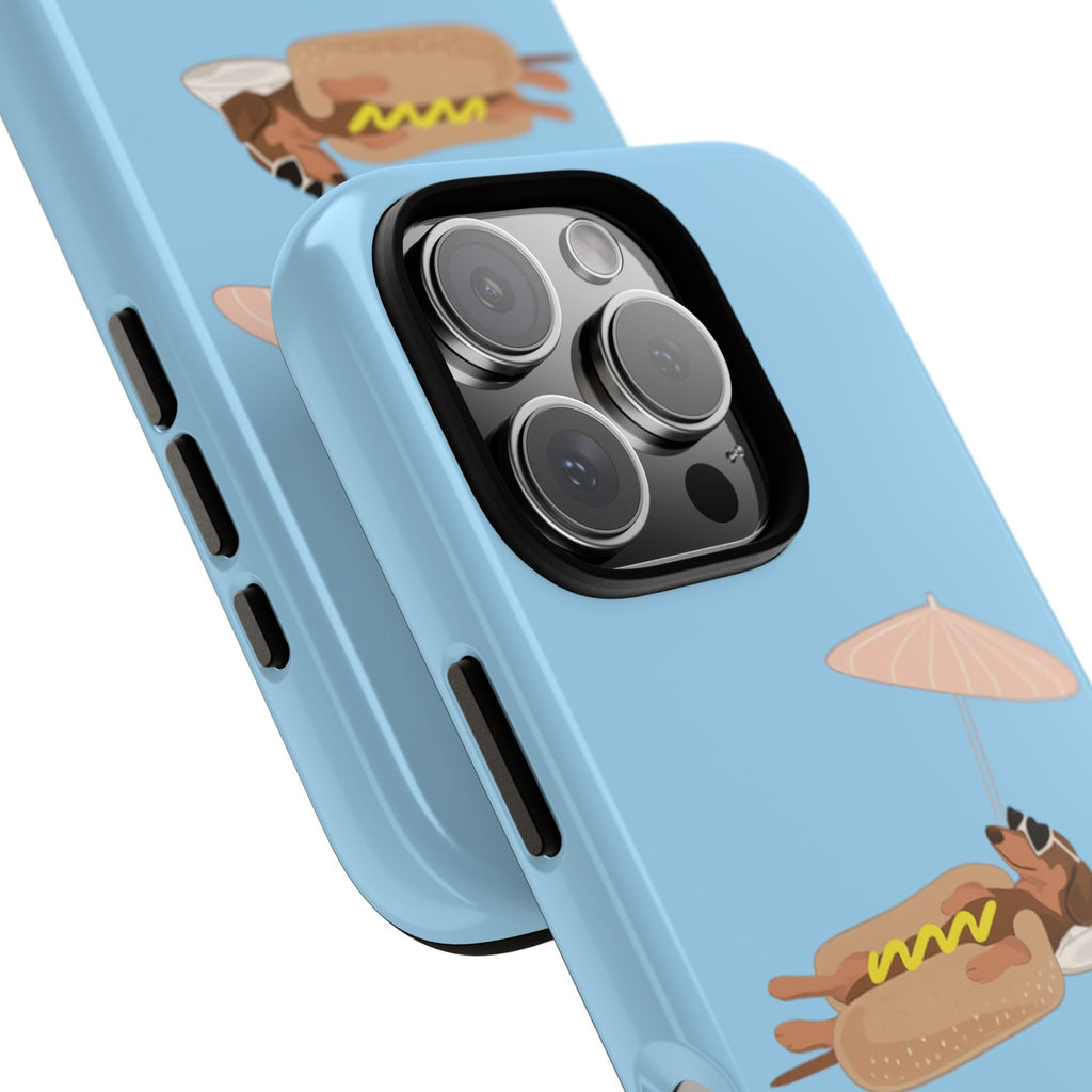 Cute Hot Dog Dog Relaxing on Beach Umbrella (Pastel Blue) - Phone Case