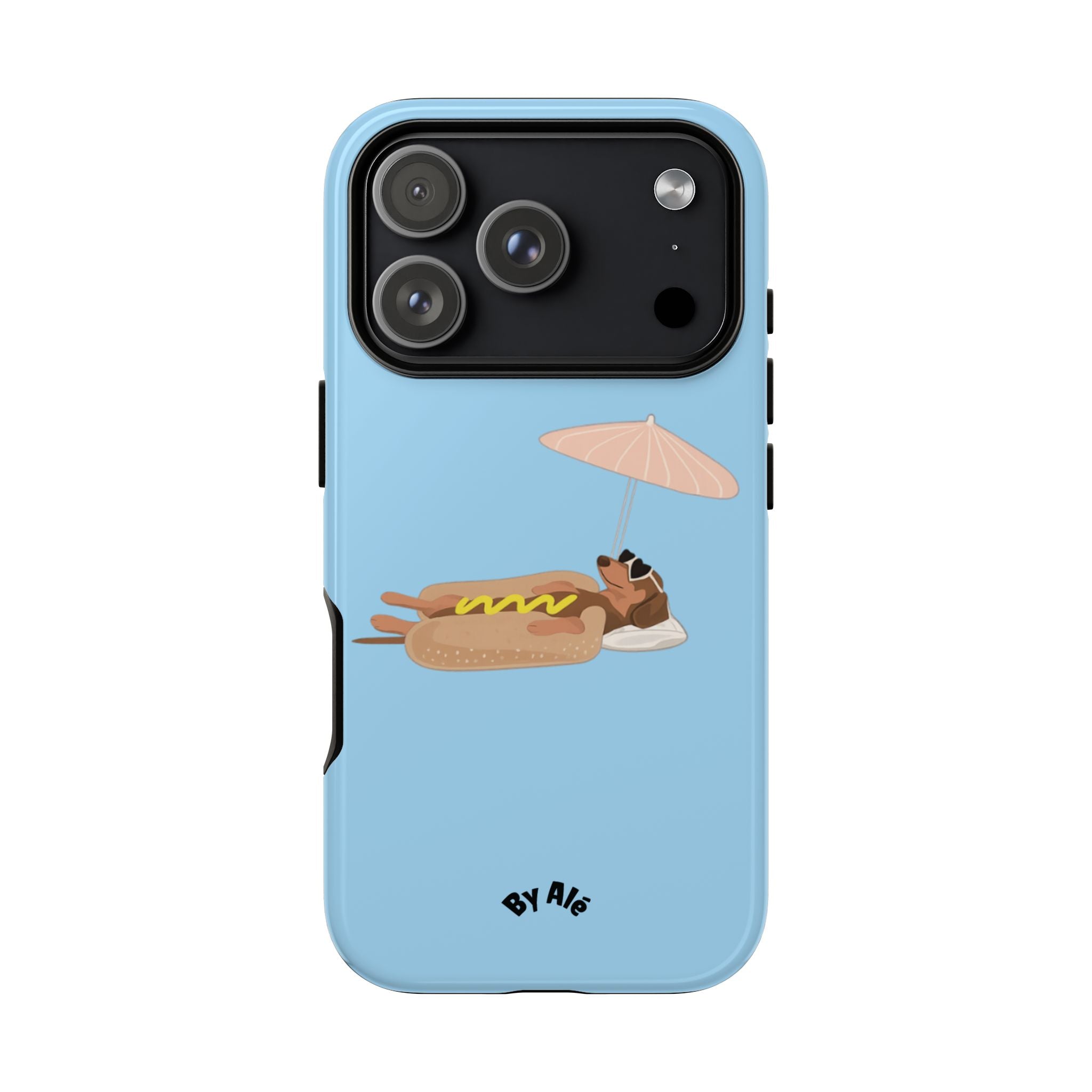 Cute Hot Dog Dog Relaxing on Beach Umbrella (Pastel Blue) - Phone Case