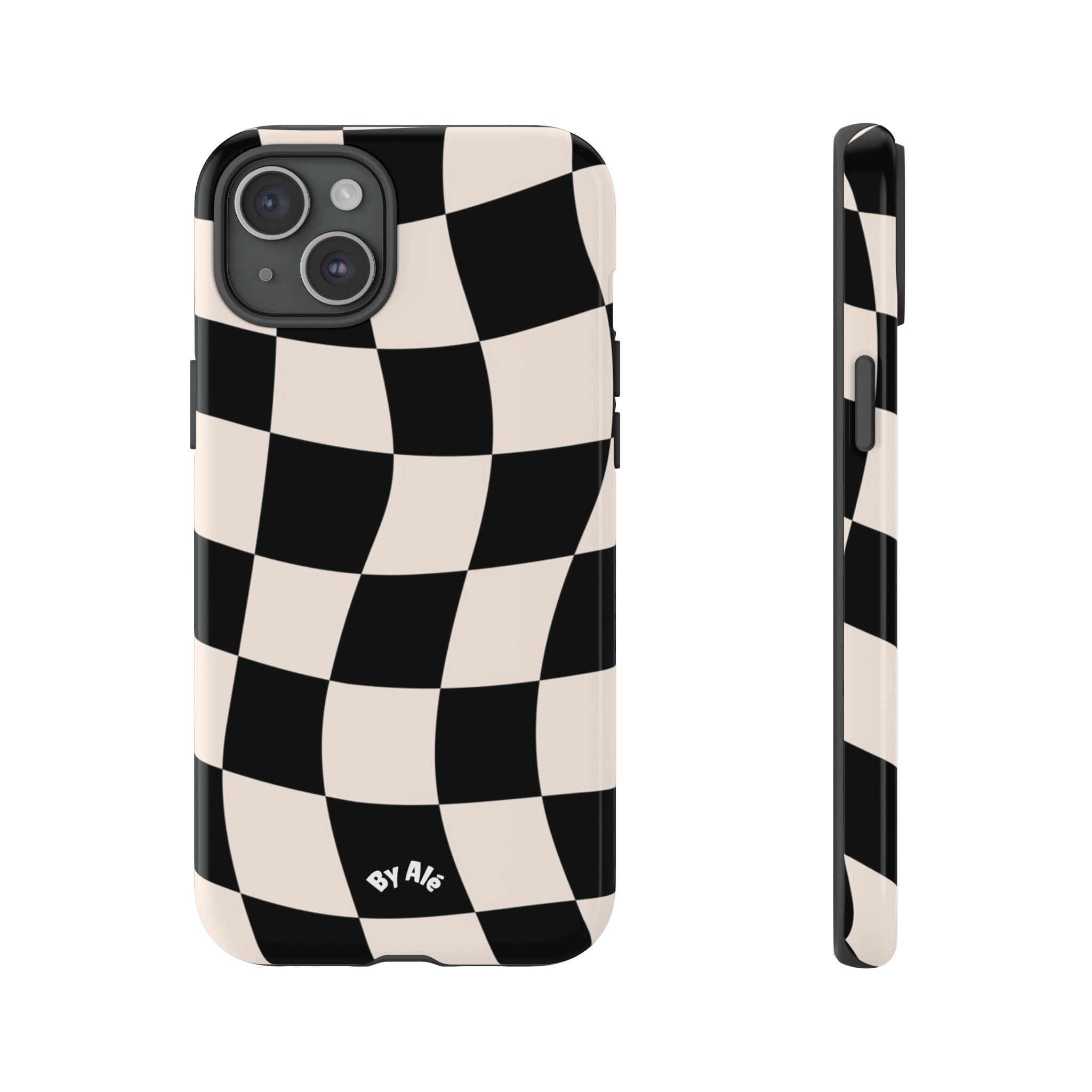 Wavy Checkered Phone Case – Black & Cream Retro Race Pattern