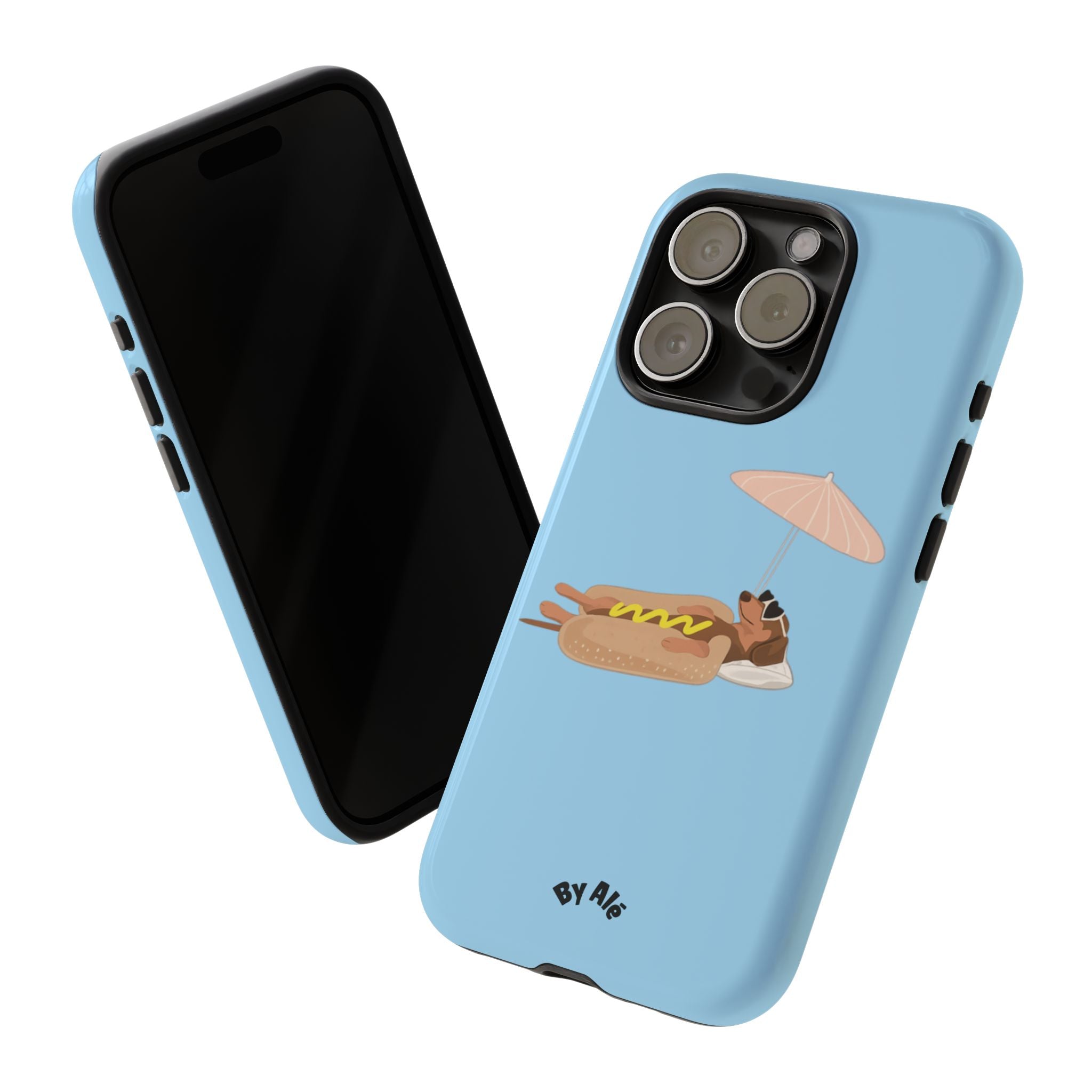 Cute Hot Dog Dog Relaxing on Beach Umbrella (Pastel Blue) - Phone Case