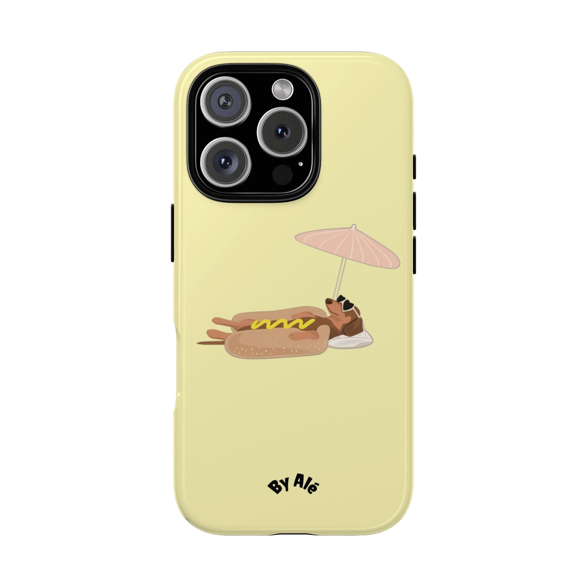 Cute Hot Dog Dog Relaxing on Beach Umbrella (Butter Yellow) - Phone Case