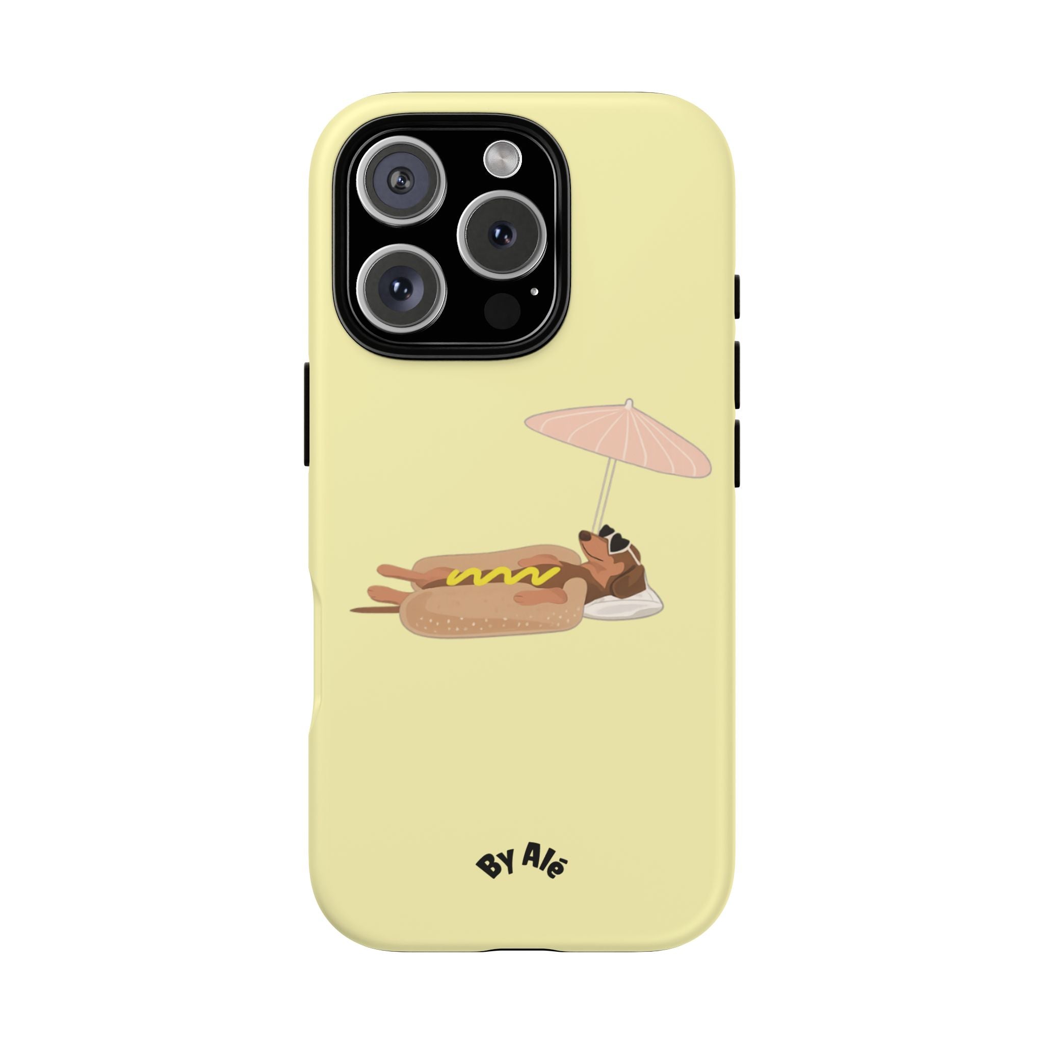 Cute Hot Dog Dog Relaxing on Beach Umbrella (Butter Yellow) - Phone Case