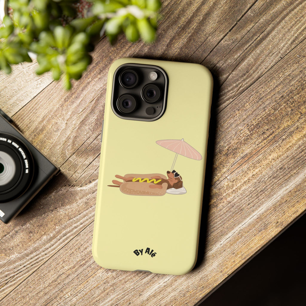Cute Hot Dog Dog Relaxing on Beach Umbrella (Butter Yellow) - Phone Case
