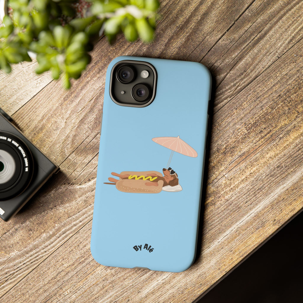 Cute Hot Dog Dog Relaxing on Beach Umbrella (Pastel Blue) - Phone Case