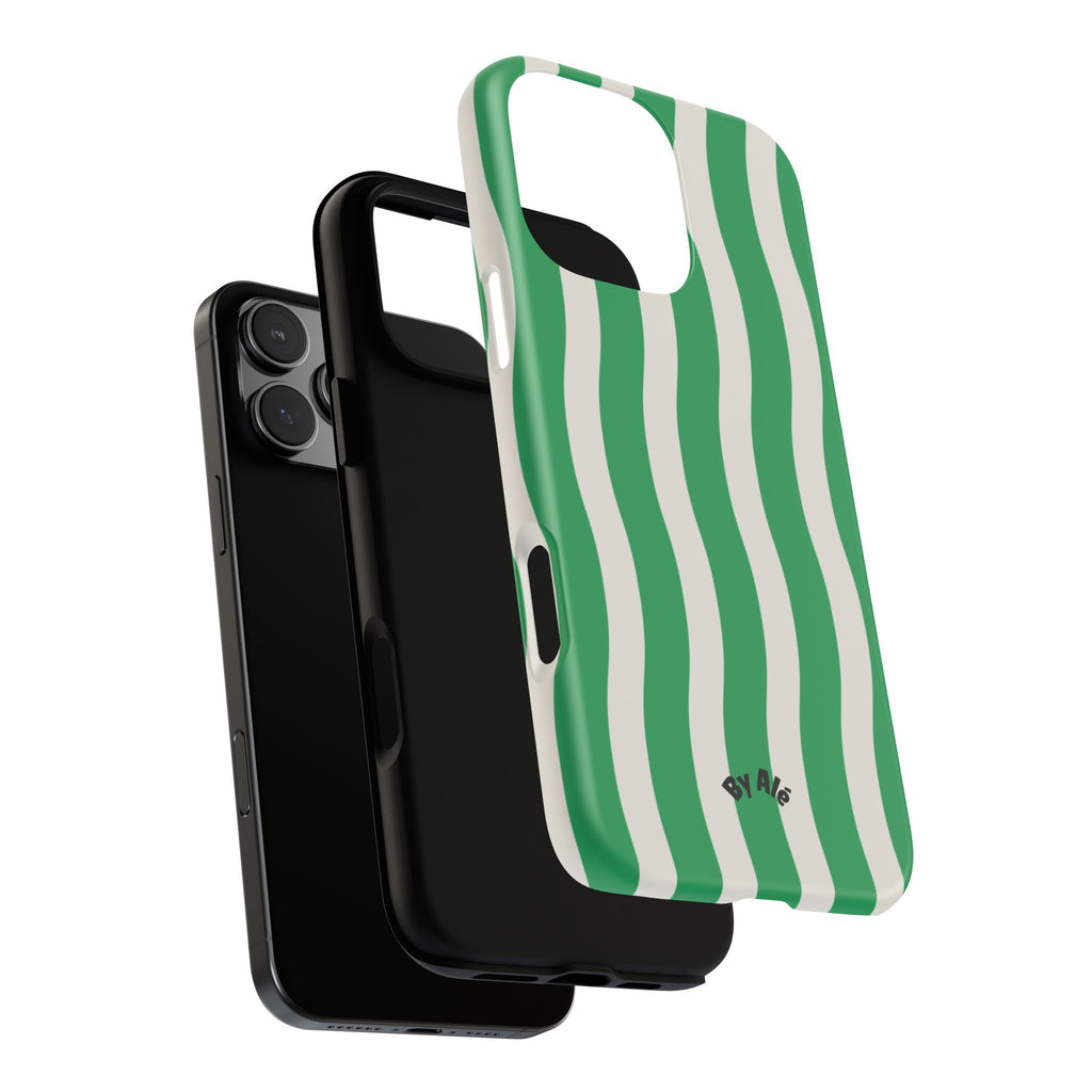 Green Wavy Stripe Tough Phone Case — Protective iPhone Cover with Retro Wave Pattern