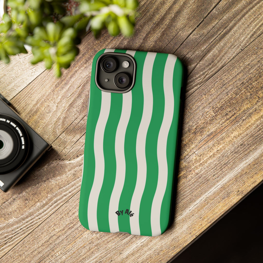 Green Wavy Stripe Tough Phone Case — Protective iPhone Cover with Retro Wave Pattern