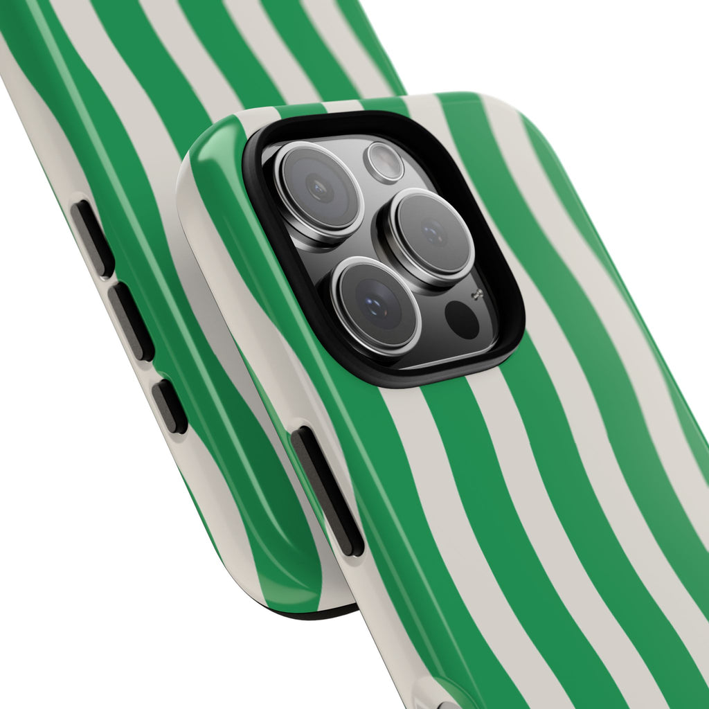 Green Wavy Stripe Tough Phone Case — Protective iPhone Cover with Retro Wave Pattern