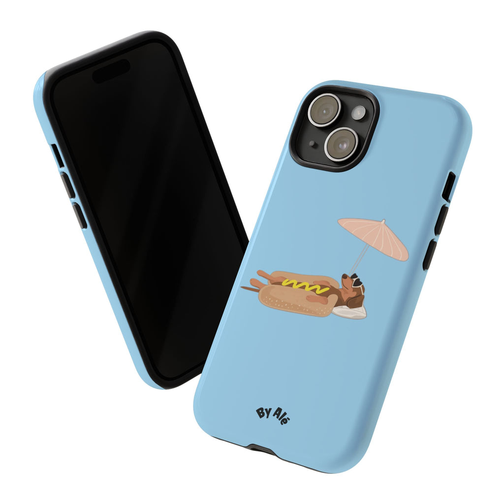 Cute Hot Dog Dog Relaxing on Beach Umbrella (Pastel Blue) - Phone Case
