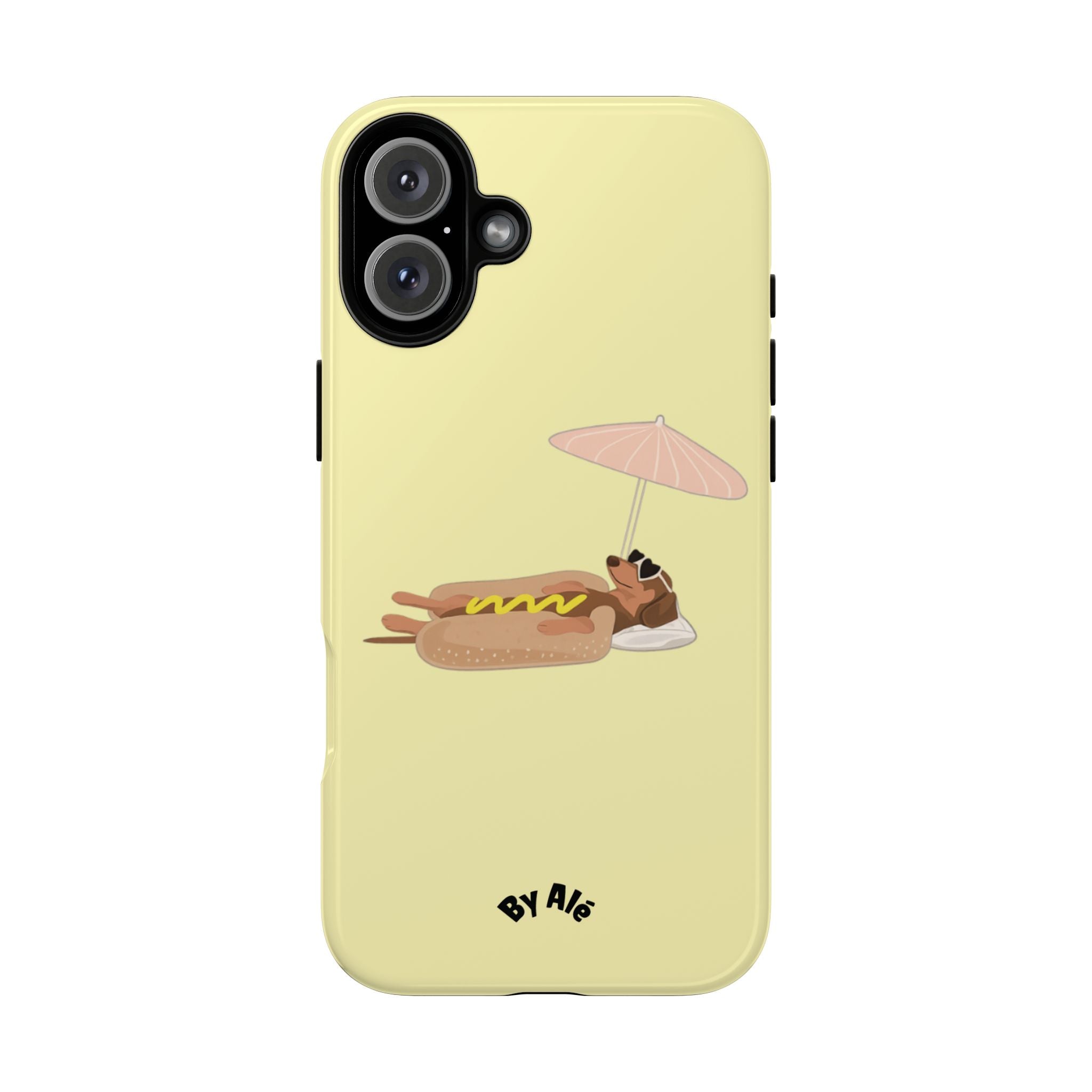 Cute Hot Dog Dog Relaxing on Beach Umbrella (Butter Yellow) - Phone Case