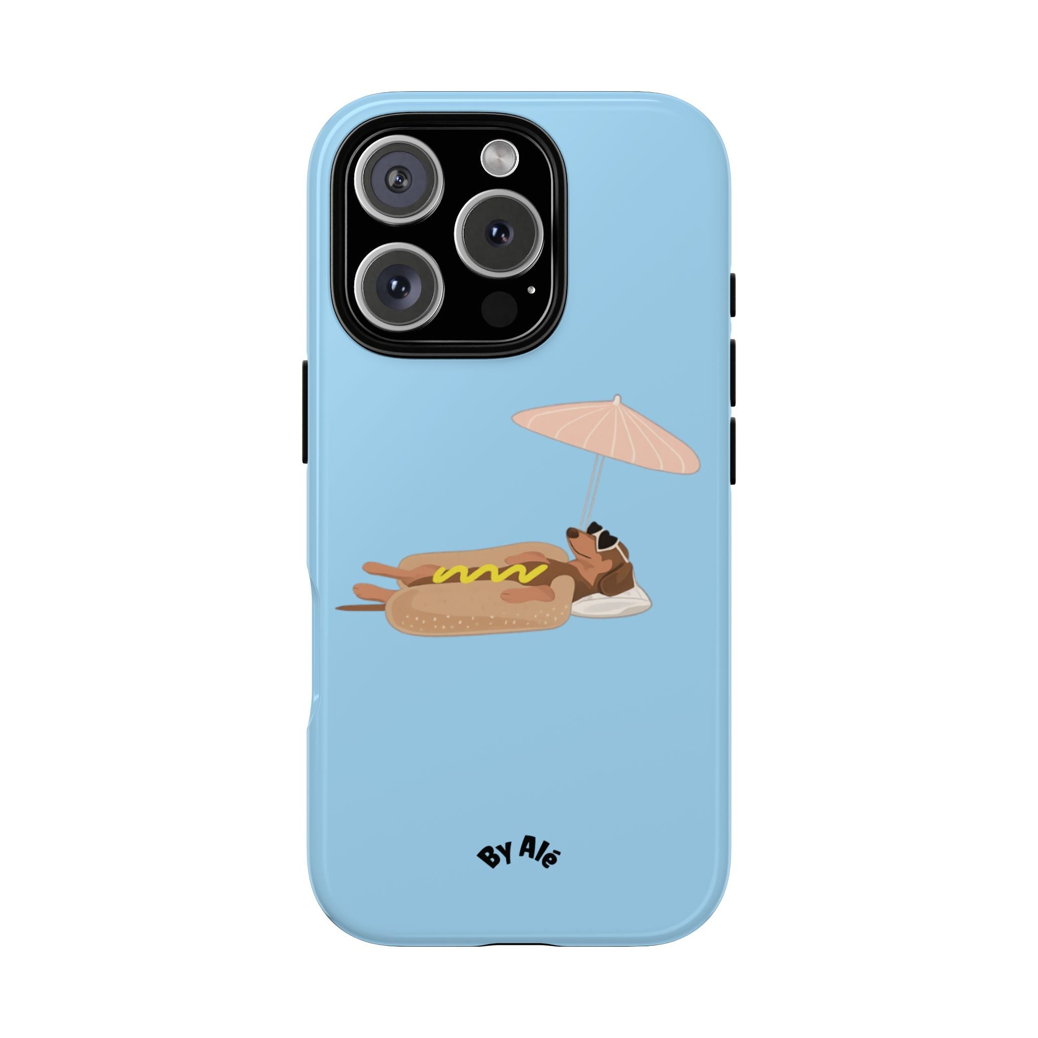 Cute Hot Dog Dog Relaxing on Beach Umbrella (Pastel Blue) - Phone Case