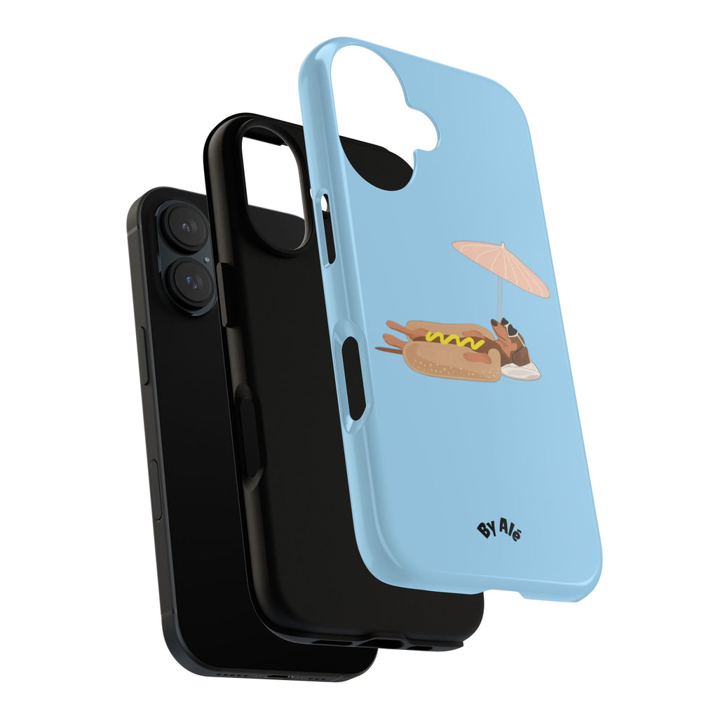 Cute Hot Dog Dog Relaxing on Beach Umbrella (Pastel Blue) - Phone Case