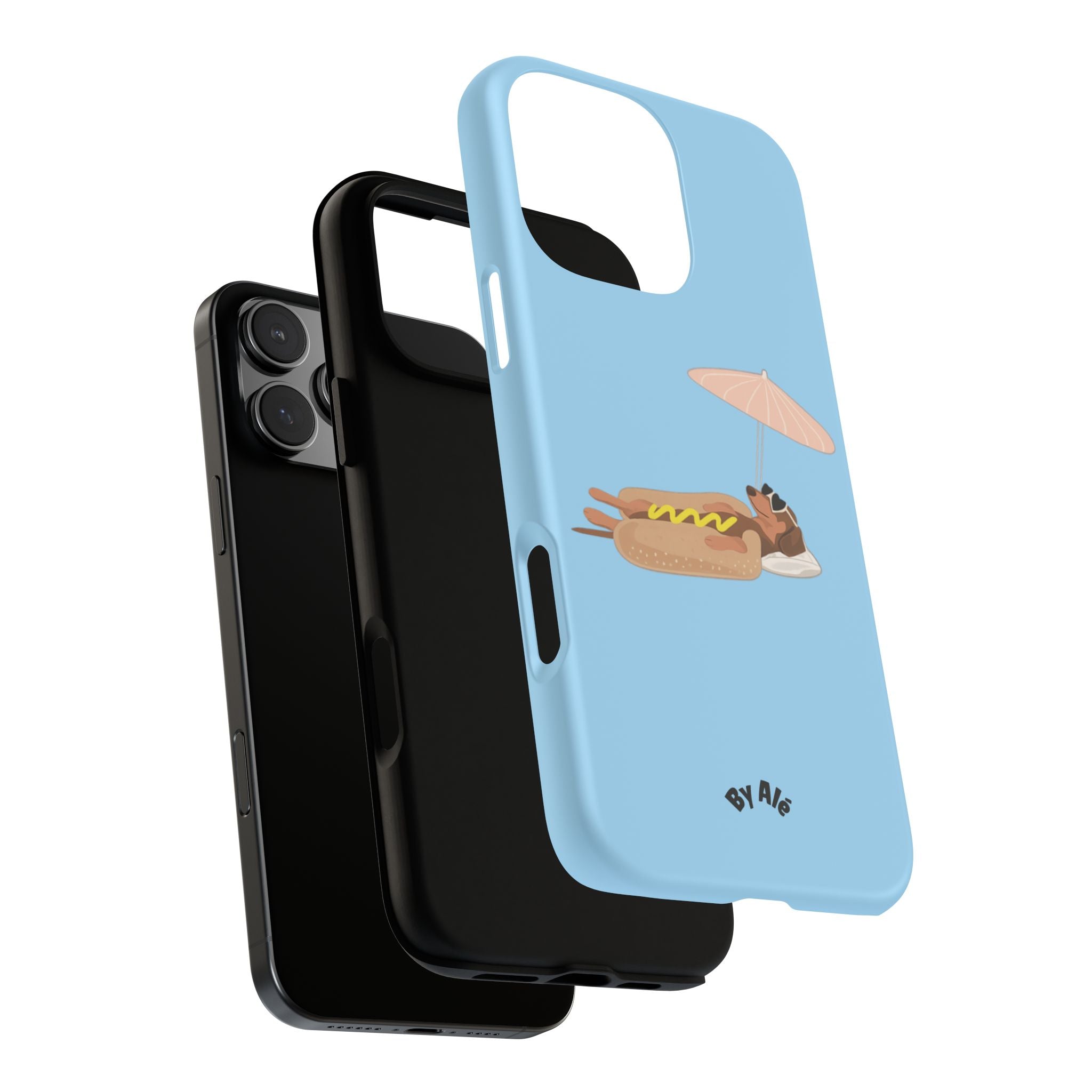 Cute Hot Dog Dog Relaxing on Beach Umbrella (Pastel Blue) - Phone Case