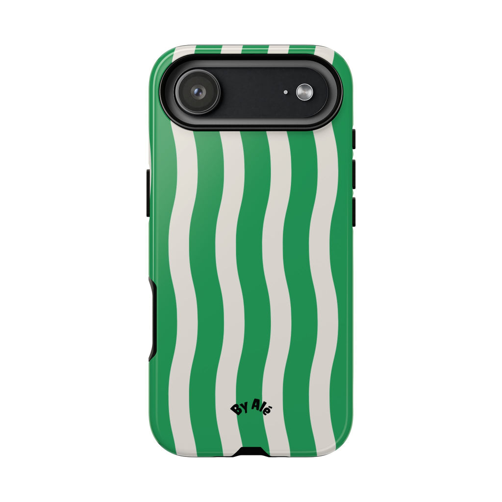 Green Wavy Stripe Tough Phone Case — Protective iPhone Cover with Retro Wave Pattern