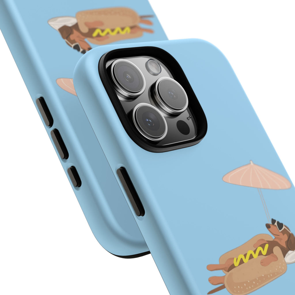 Cute Hot Dog Dog Relaxing on Beach Umbrella (Pastel Blue) - Phone Case