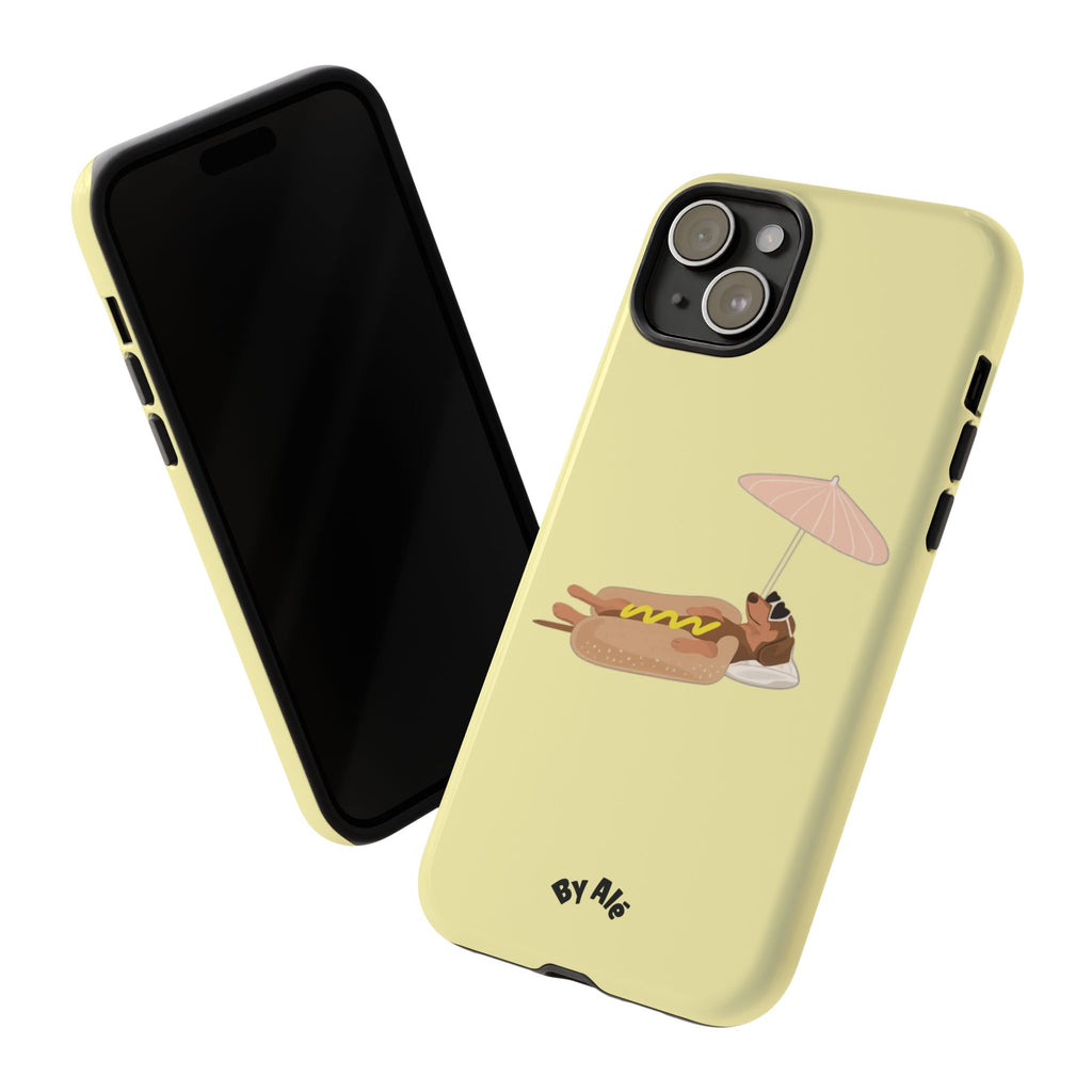 Cute Hot Dog Dog Relaxing on Beach Umbrella (Butter Yellow) - Phone Case