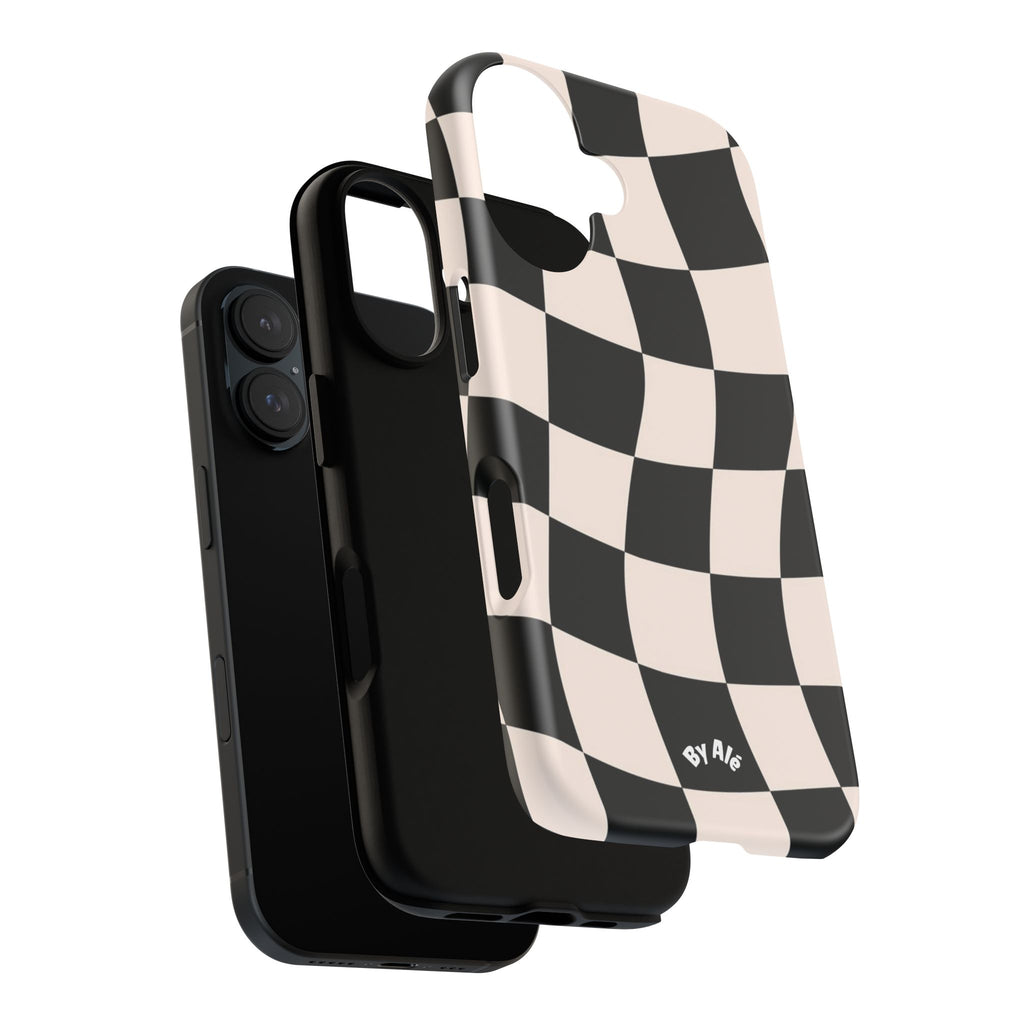 Wavy Checkered Phone Case – Black & Cream Retro Race Pattern