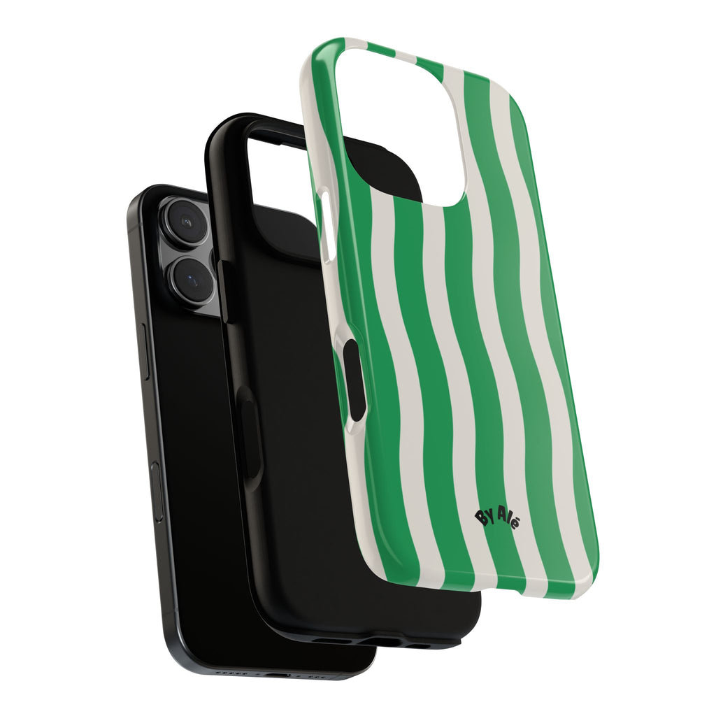 Green Wavy Stripe Tough Phone Case — Protective iPhone Cover with Retro Wave Pattern