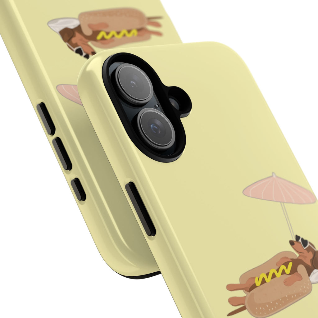 Cute Hot Dog Dog Relaxing on Beach Umbrella (Butter Yellow) - Phone Case