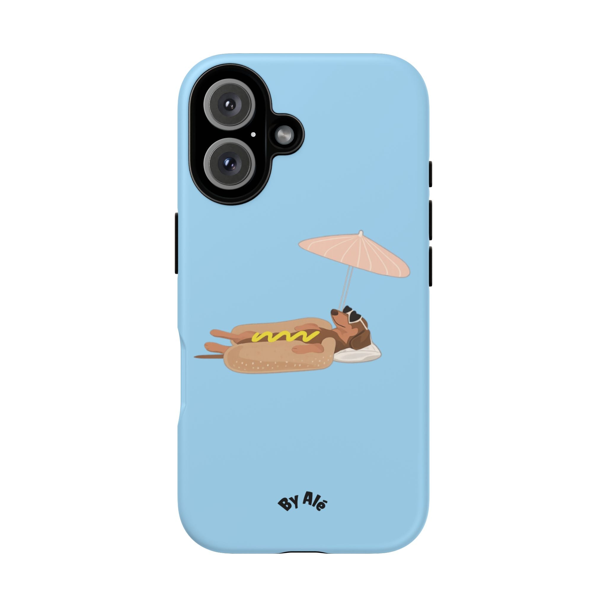 Cute Hot Dog Dog Relaxing on Beach Umbrella (Pastel Blue) - Phone Case