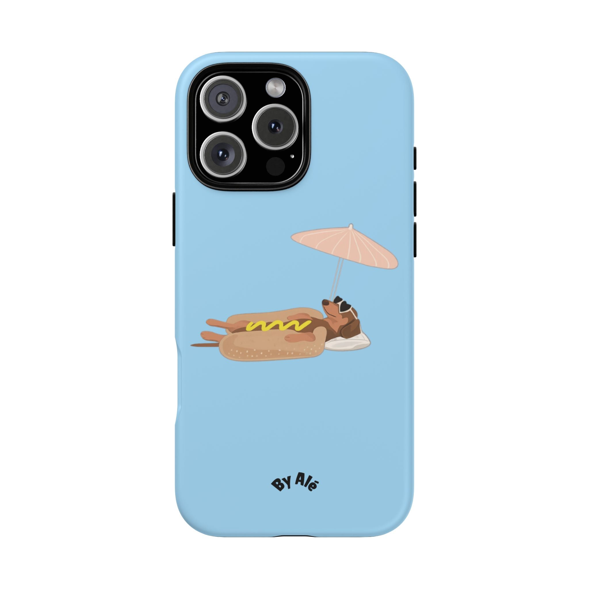 Cute Hot Dog Dog Relaxing on Beach Umbrella (Pastel Blue) - Phone Case