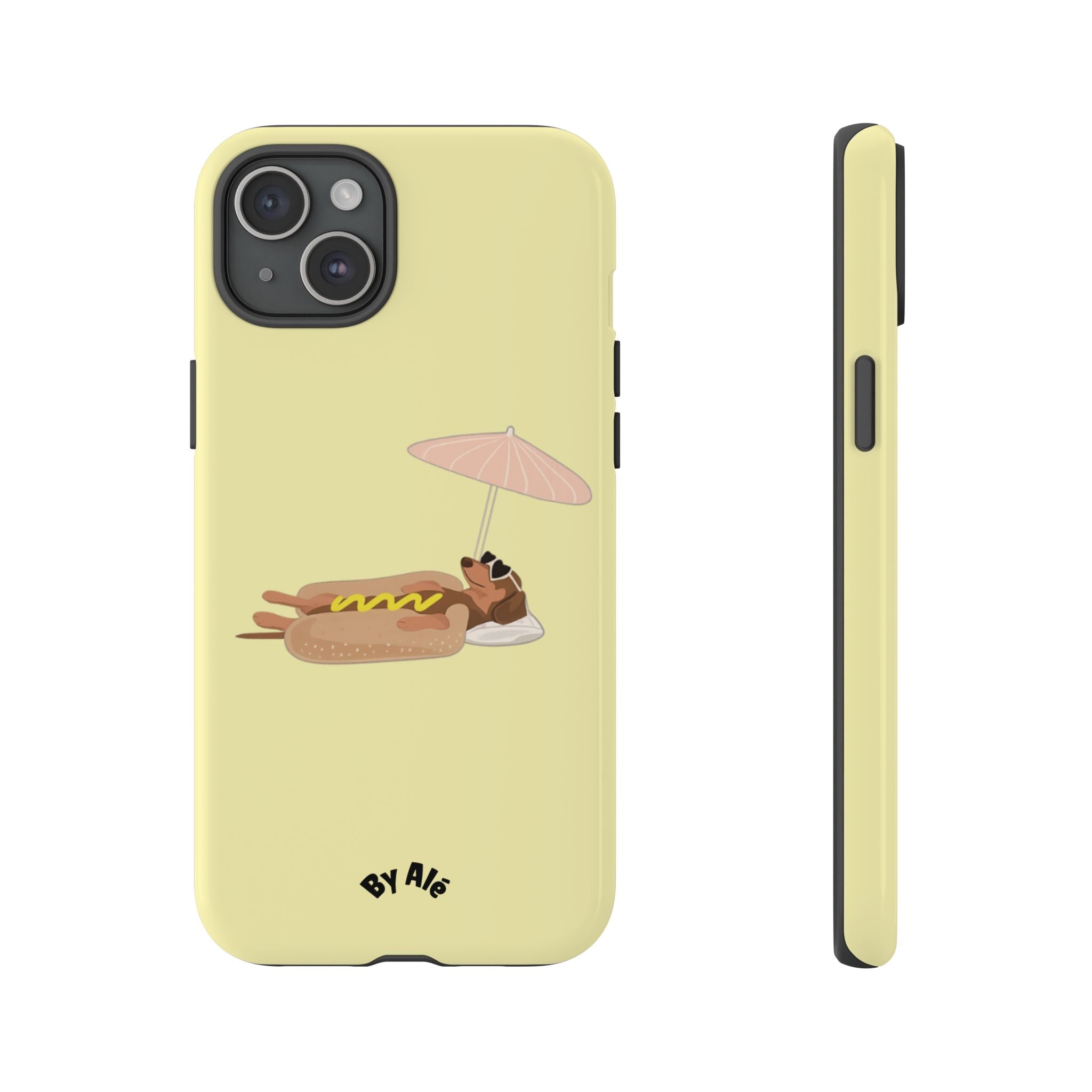 Cute Hot Dog Dog Relaxing on Beach Umbrella (Butter Yellow) - Phone Case
