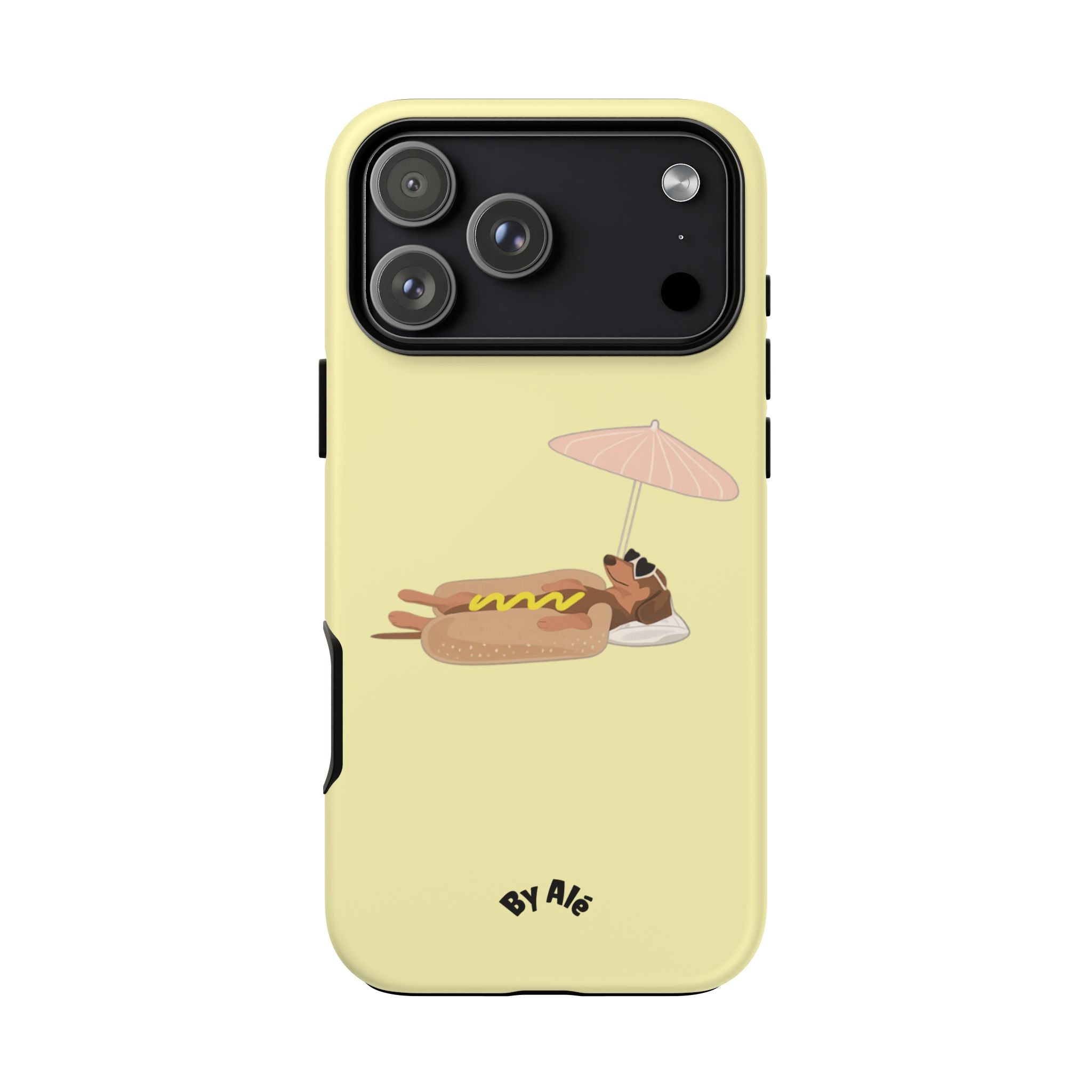 Cute Hot Dog Dog Relaxing on Beach Umbrella (Butter Yellow) - Phone Case