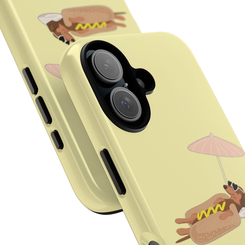 Cute Hot Dog Dog Relaxing on Beach Umbrella (Butter Yellow) - Phone Case