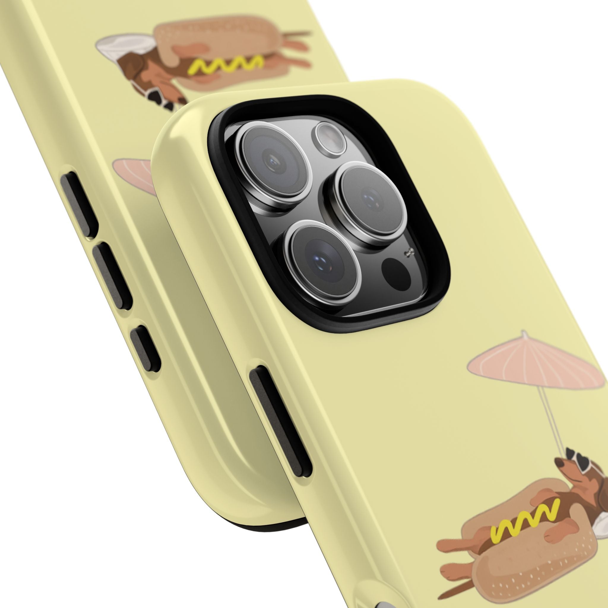 Cute Hot Dog Dog Relaxing on Beach Umbrella (Butter Yellow) - Phone Case