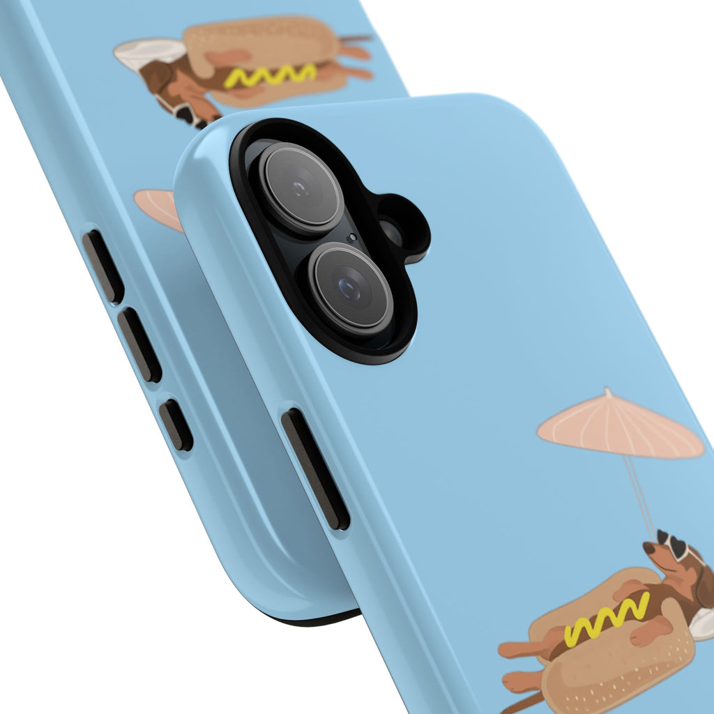 Cute Hot Dog Dog Relaxing on Beach Umbrella (Pastel Blue) - Phone Case