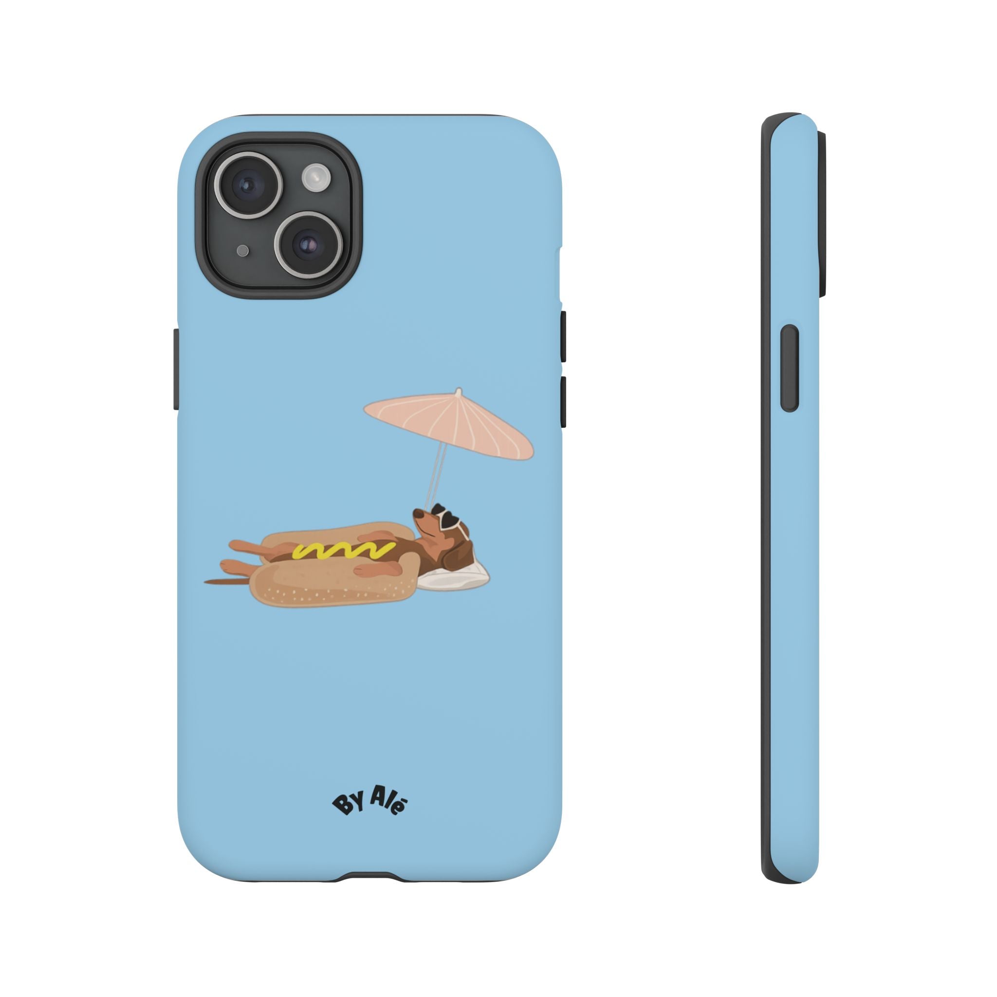 Cute Hot Dog Dog Relaxing on Beach Umbrella (Pastel Blue) - Phone Case